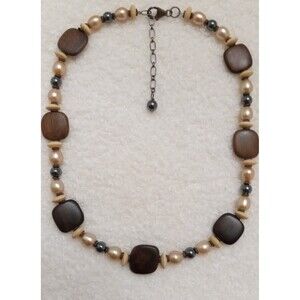 Vtg Sterling Silver Rondelle, Shell Pearl, Hematite & Wood Bead Necklace 15-17"